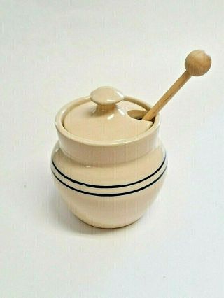 Martinez Pottery Stoneware Hand Turned Blue Striped Honey Pot With Wood Dipper