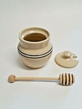 Martinez Pottery Stoneware Hand Turned Blue Striped Honey Pot with Wood Dipper 3