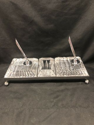 Vintage Waterford Crystal Desk Set 2 Pen Holders/paperweight/metal Frame Heavy