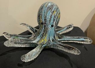 Vintage Murano Style Art Glass Octopus Figurine Turquoise Blk/wht Silver Flecks