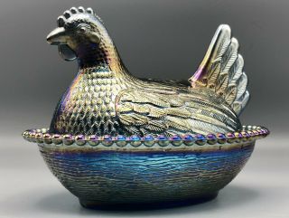 Vintage Carnival Glass Hen On Nest Covered Dish - Blue Iridescent Candy Dish