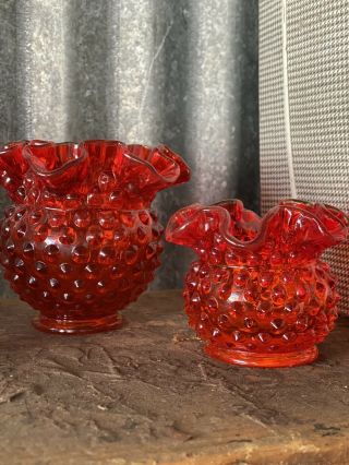 Vintage Pair Fenton Glass Amberina Orange Hobnail Double Crimped 3 ",  4.  5” Bowls