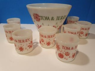 Vintage Fire King Tom And Jerry Snowflake Punch Bowl & 8 Cup/mug Set