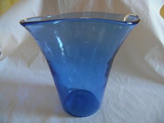 Vintage Handmade Hand Blown Blue Glass Wide Top Vase