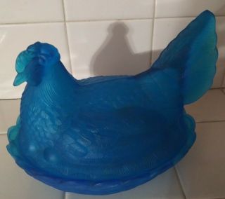 Vintage Blue Satin Glass Hen On Nest Basket Chicken Covered Candy Dish