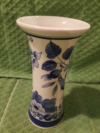 Delft Pottery Vase Signed Blue & White 7 1/4 " Floral 411
