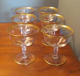 6 Vintage Crystal Stemware Wine Champagne Glasses 4 Bands Of Gold Top Elegant