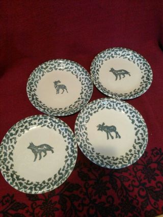 Set Of 4 - Tienshan Folk Craft Moose Wolf & Deer 7 - 1/2 " Salad Plates Green Sponge