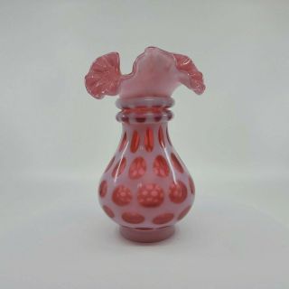 Vintage Fenton Cranberry Opalescent Coin Dot Ruffled Top 6 " Vase