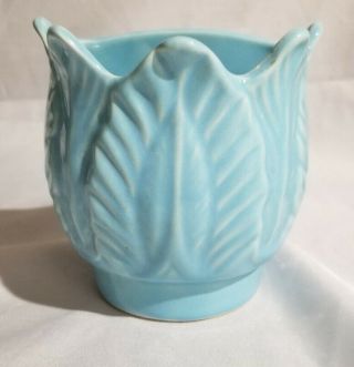 Vintage Art Pottery Blue Flower Vase Pot Planter Flat Back 4.  5 " T,  4.  5 " W