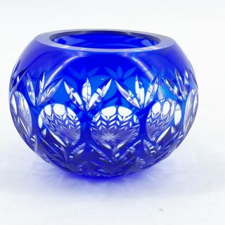 Vintage Bohemian Cobalt Blue Cut To Clear Glass Crystal Rose Bowl 4 " X 2.  5 "