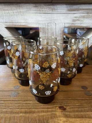 Vintage Set Of 6 Libbey Smoked Colored Glass Tumblers Butterflies Brown Floral
