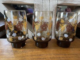Vintage Set Of 6 Libbey Smoked Colored Glass Tumblers Butterflies Brown Floral 2