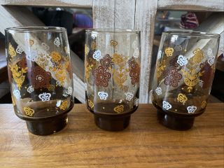 Vintage Set Of 6 Libbey Smoked Colored Glass Tumblers Butterflies Brown Floral 3