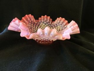 Fenton Glass Vintage Cranberry Pink Opalescent Hobnail Ruffled Bowl