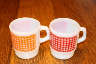 Vintage Fire King Coffee Mugs Two Cups 1 Orange And 1 Red Rug Checker Patterns