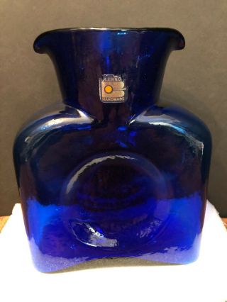 Vintage Blenko Glass Cobalt Blue Double Spout Bottle Pitcher Carafe Vase S - 2