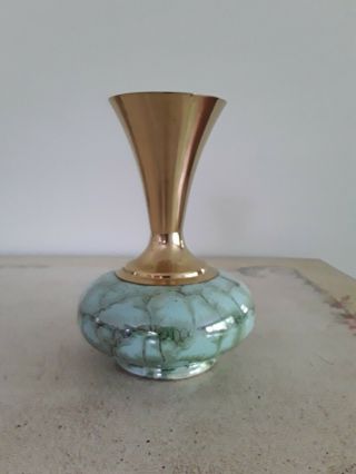 Vintage 60s Delft Flower Bud Vase Hand Painted Blue Brass & Ceramic Holland