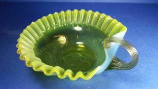 LOVELY VINTAGE VASELINE GLASS OPALESCENT - DISH WITH HANDLE 2