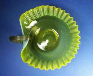 LOVELY VINTAGE VASELINE GLASS OPALESCENT - DISH WITH HANDLE 3