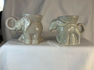 FRANKOMA Pottery Set of 2 Political Mugs 1991 GOP Elephant & DEM Donkey Ivory 2