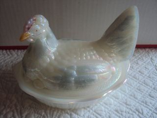 Fenton Opalescent White Glass Hen On Nest Chicken Signed T.  Watson