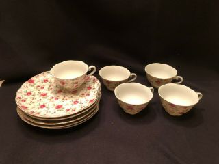 Set Of 5 Lefton Hand Painted China Rose Chintz Lunch Plate & Tea Cup