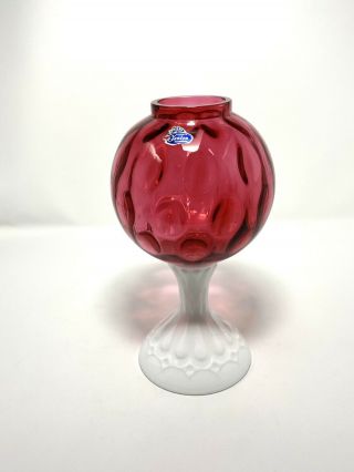 Vintage 1940s Fenton Ivy Rose Ball Vase Cranberry Glass Coin Dot Milk Glass Base
