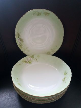 Set Of 6 - Haviland France Limoges 7.  5 " Soup Bowls Green With White Flowers