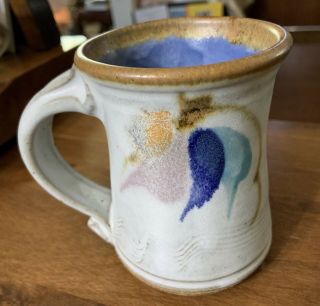 Vtg 12 Oz Coffee Mug Hand Thrown Pottery Signed Deway Grey Browns Blues Aqua