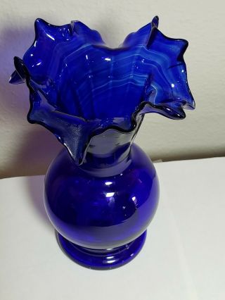 Old Vintage Blown Art Glass Cobalt Blue Flower Vase w Ruffle Edge Top Decorative 3