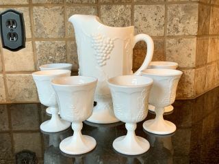 Vintage Milk Glass Pitcher And 6 Cups