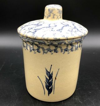 Wheat - Robinson Ransbottom 1 Qt Jar Blue Spongeware Crock Roseville Ohio