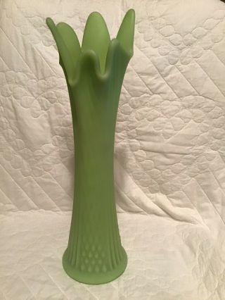 Big Vintage Fenton Lime Green Satin Glass Swung Vase.  14 - 3/4” Tall Diamond & Rib