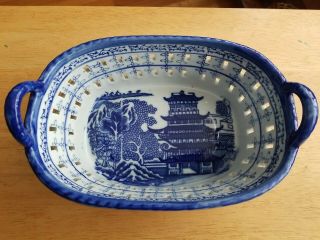 Vintage Victoria Ware Ironstone Flow Blue Basket W/ Handles,  Oval