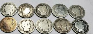 10 Silver Barber Dimes 1892,  1899,  1906,  1907,  1908,  1913,  1914 - D,  2 - 1916 1916s