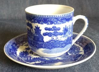 Vintage Blue Willow Demitasse Cup And Saucer Set Blue On White Porcelain