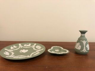 Vintage Wedgwood Green Jasperware " Achilles " Vase; Classical Dish; Angel Plate