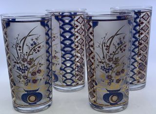 Culver Imari Asian Floral Hi Ball Glasses Mcm Barware 22k Set Of 4 Signed Vtg