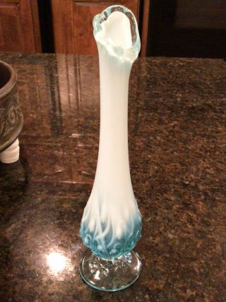 Vintage Fenton Blue Opalescent Lily Of The Valley Swung Stretch Bud Vase 11”