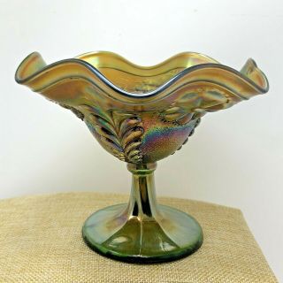 Northwood Green Carnival Glass Fern Interior Compote Daisy And Plume