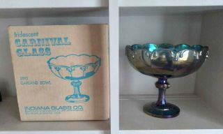 Indiana Blue Garland Carnival Glass Fruit Bowl Iridescent With Box