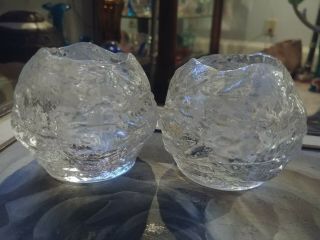2 Kosta Boda Set Snowballs Ice Crystal Candle Holder Votive Glass Sculpture