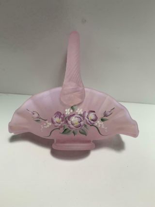 Fenton Art Glass Miniature Collectible Basket Pink Satin Hand Painted S Davis