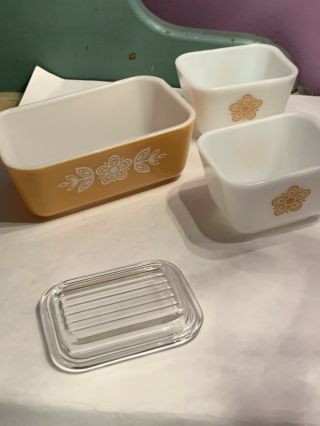 Vintage Pyrex Butterfly Gold Refrigerator Dishes - Set Of 3 & 1 Lid - 2