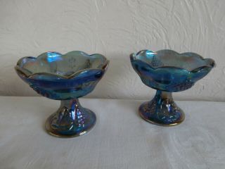 Carnival Glass Pair Candle Holders: Blue Glass,  Grapevine Pattern