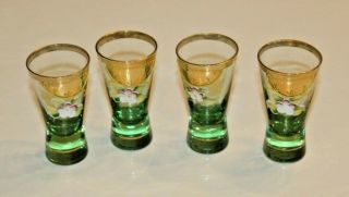 Vintage Hand Painted Murano Gold Flower Art Glass Cordial Shot Glass Set Of 4