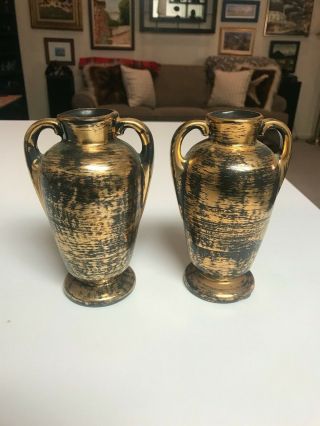 Set Of 2 Vintage 6 " Stangl Pottery Black Gold Handled Vases Urns