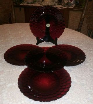 5 Vintage Anchor Hocking Royal Ruby Red Bubble Glass Dinner Plates - 9 3/8 "