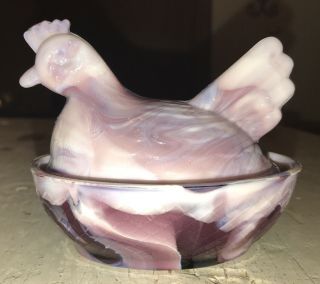 Vintage Heisey Purple Marbled Slag Glass 4” Hen On Nest